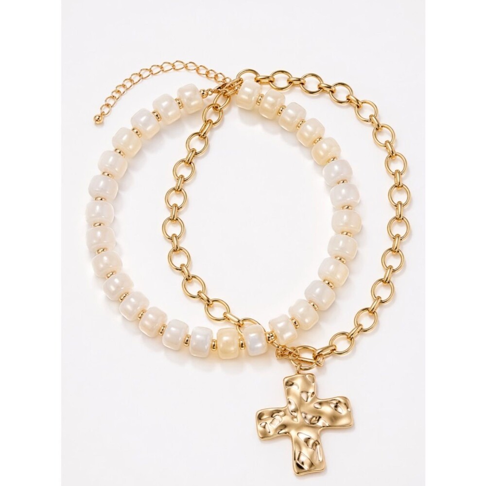 Chunky Gold Cross Necklace + Beaded Choker Set Layered Chain Statement Hammered